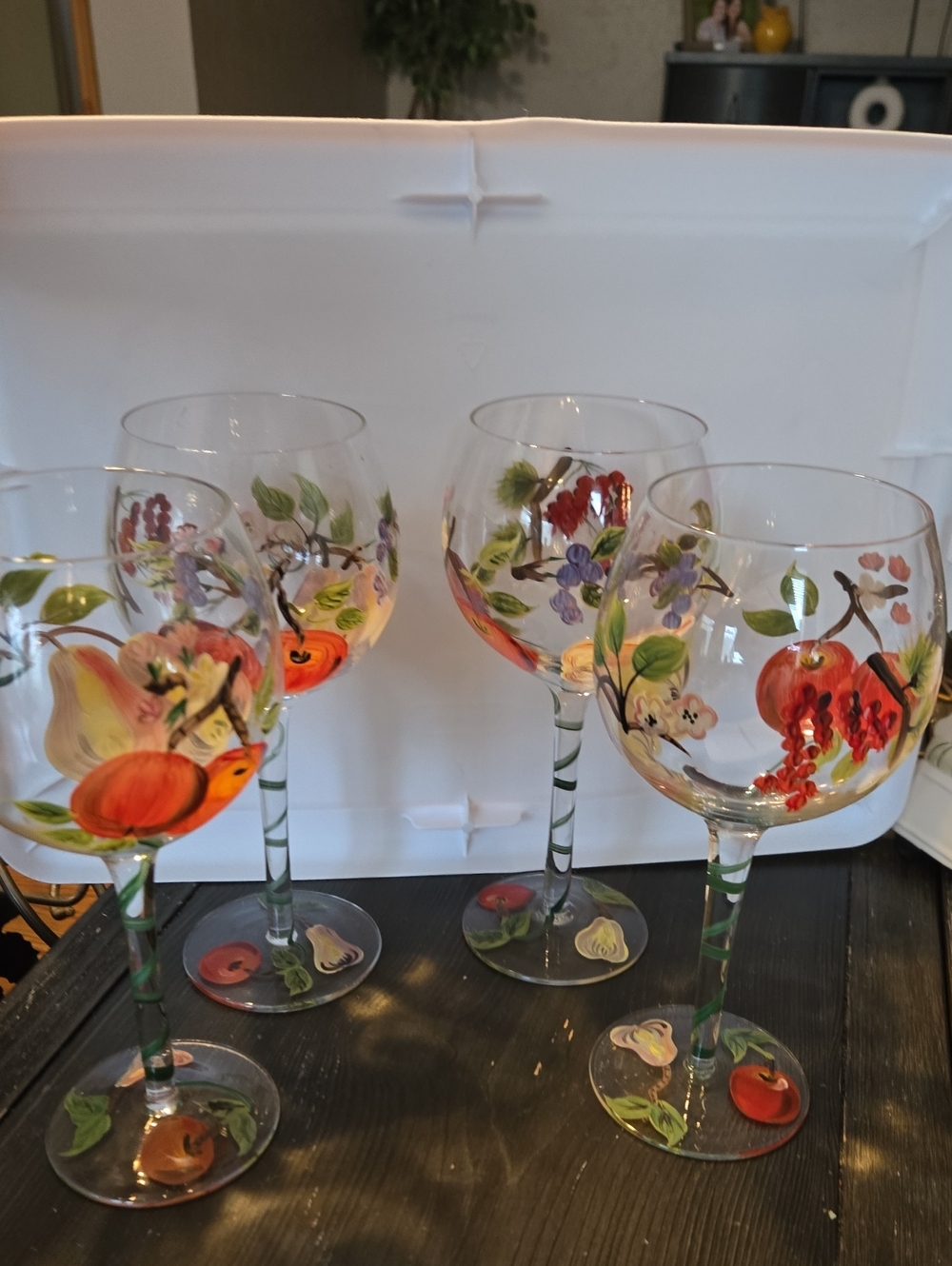 Vintage Hand Painted Fruit Wine Glasses Set of 4 Floral Fruit Stemware